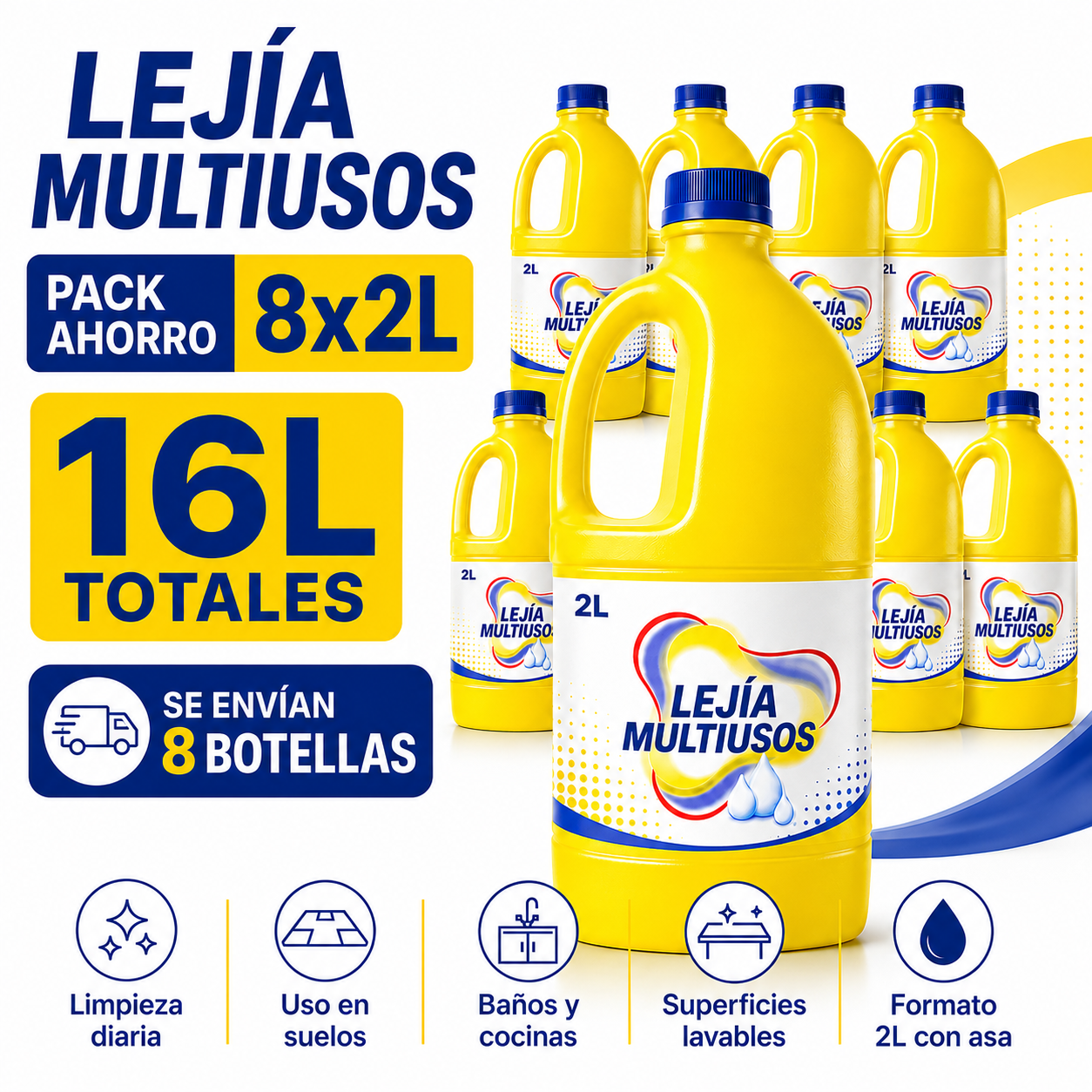 Lejía Multiusos 2L Pack Ahorro 8 Botellas – 16L Totales