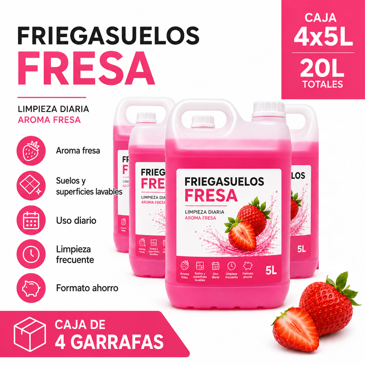 Friegasuelos Fresa 5L Pack Ahorro 4 Garrafas – 20L Totales