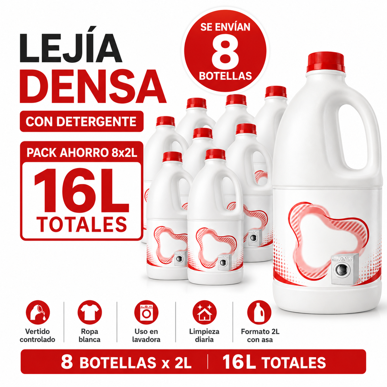 Lejía Densa con Detergente 2L Pack Ahorro 8 Botellas – 16L Totales