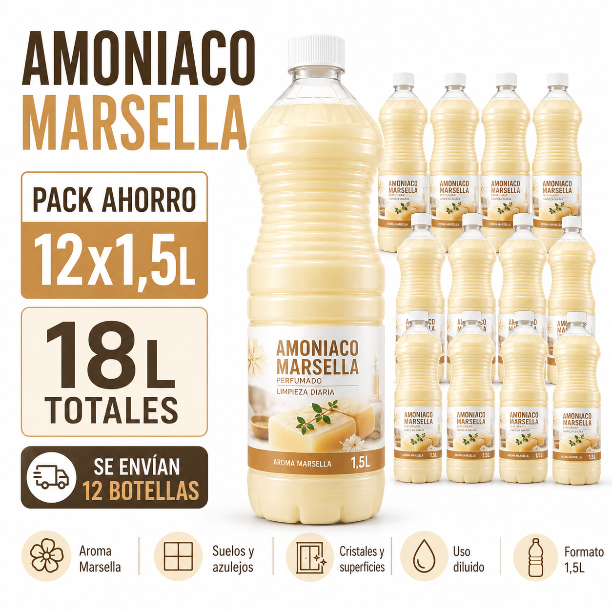 Amoniaco Marsella 1,5L Pack Ahorro 12 Botellas – 18L Totales