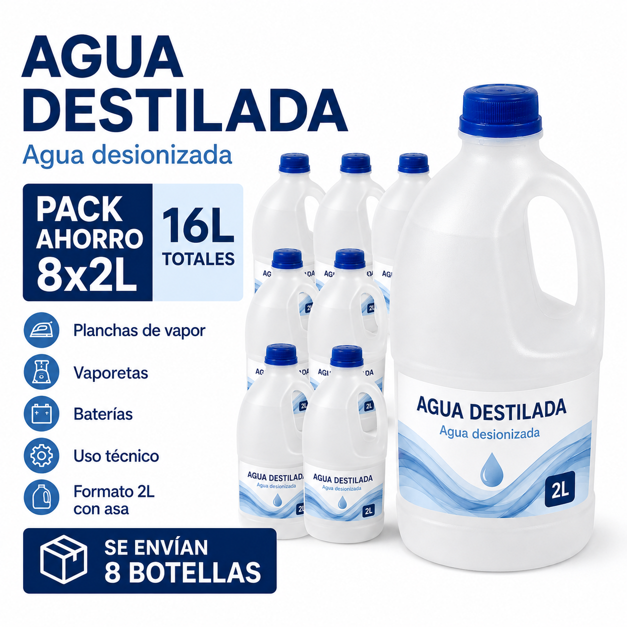 Agua Destilada 2L Pack Ahorro 8 Botellas – 16L Totales