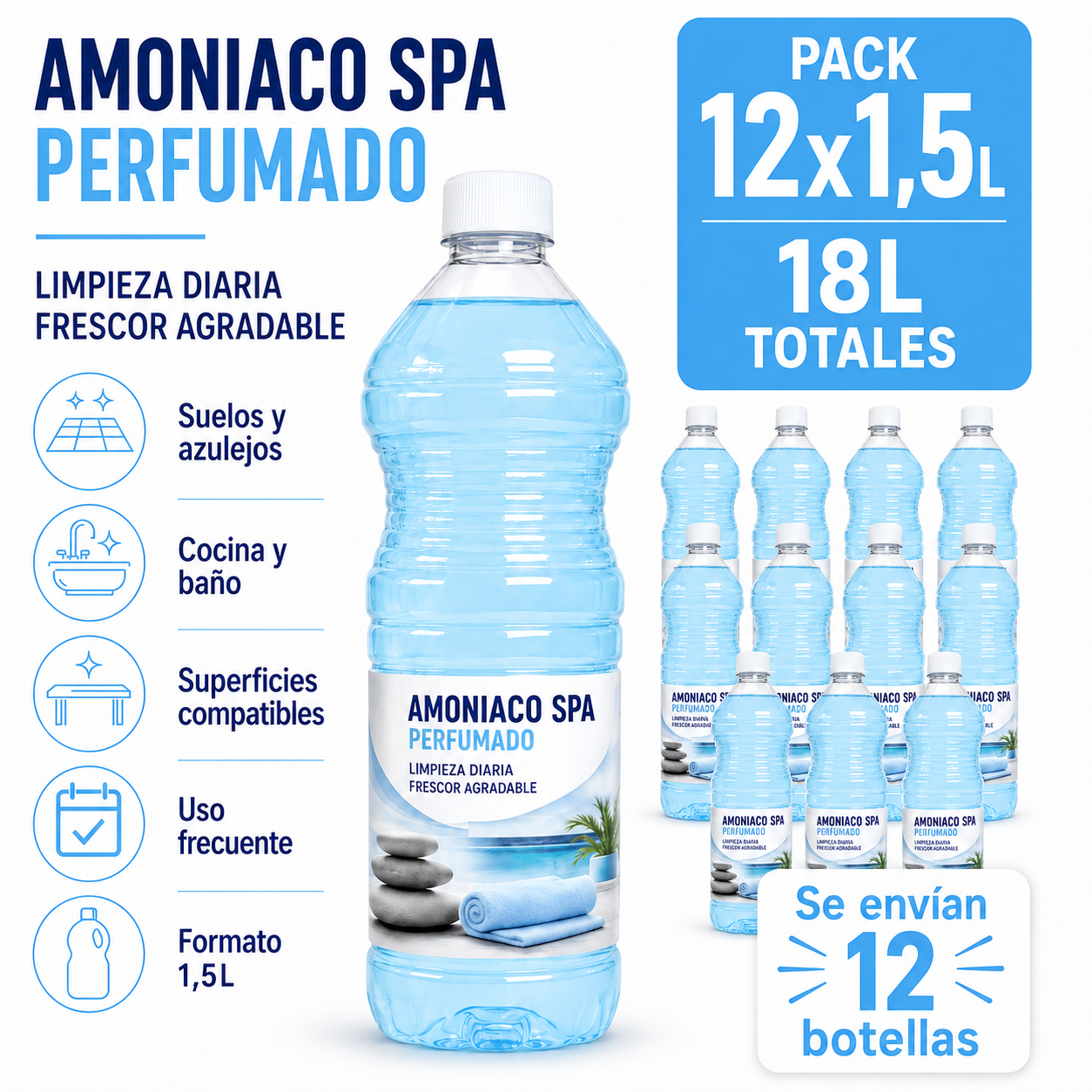 Amoniaco Spa Perfumado 1,5L Pack Ahorro 12 Botellas – 18L Totales