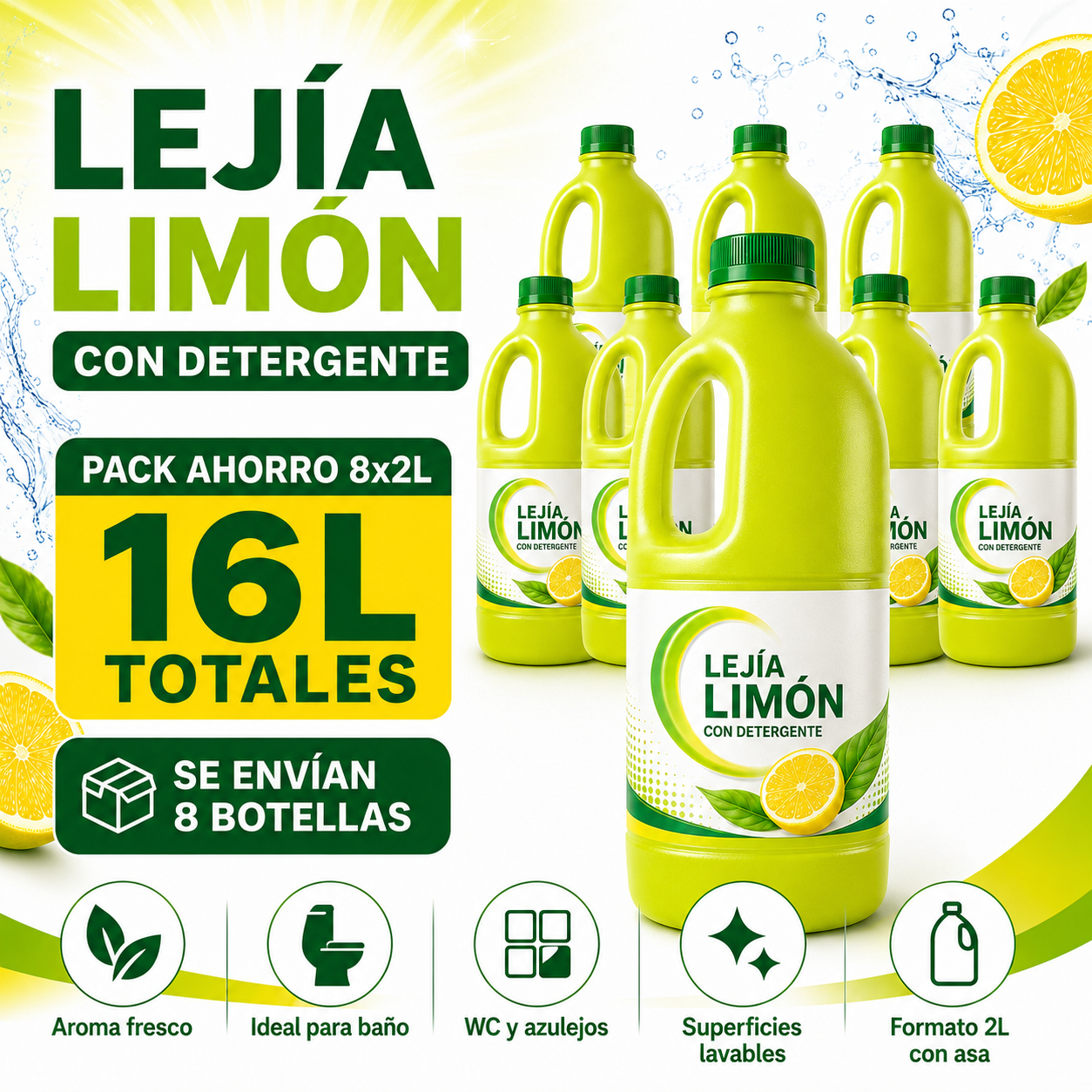 Lejía Limón con Detergente 2L Pack Ahorro 8 Botellas – 16L Totales