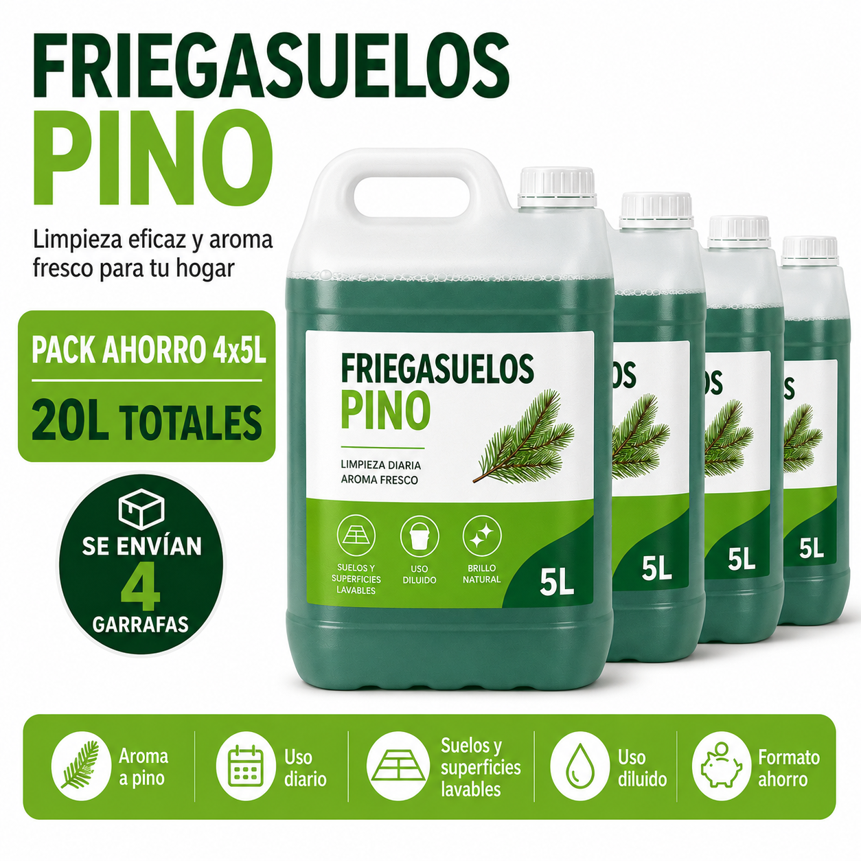Friegasuelos Pino 5L Pack Ahorro 4 Garrafas – 20L Totales