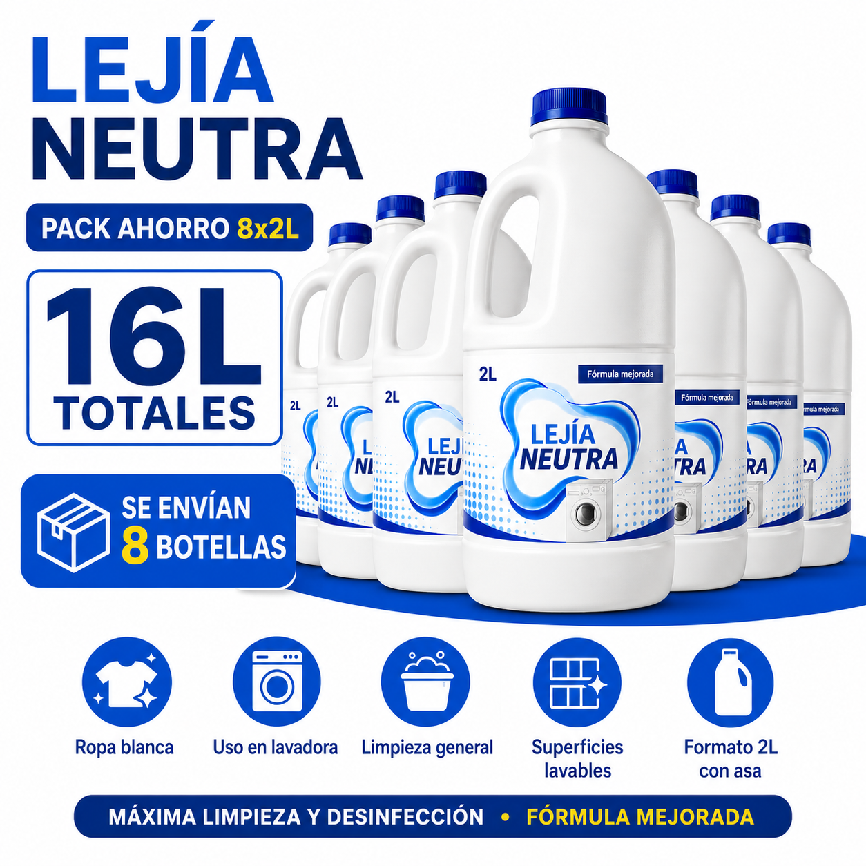 Lejía Neutra 2L Pack Ahorro 8 Botellas – 16L Totales
