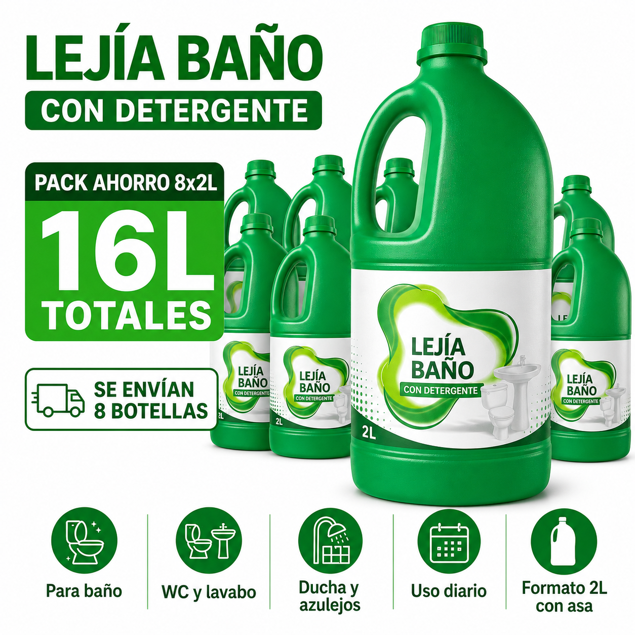 Lejía Baño con Detergente 2L Pack Ahorro 8 Botellas – 16L Totales