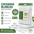 Pack 100 Cucharas de Plástico Reutilizables Blancas 16,5 cm | Para Fiestas, Catering y Eventos