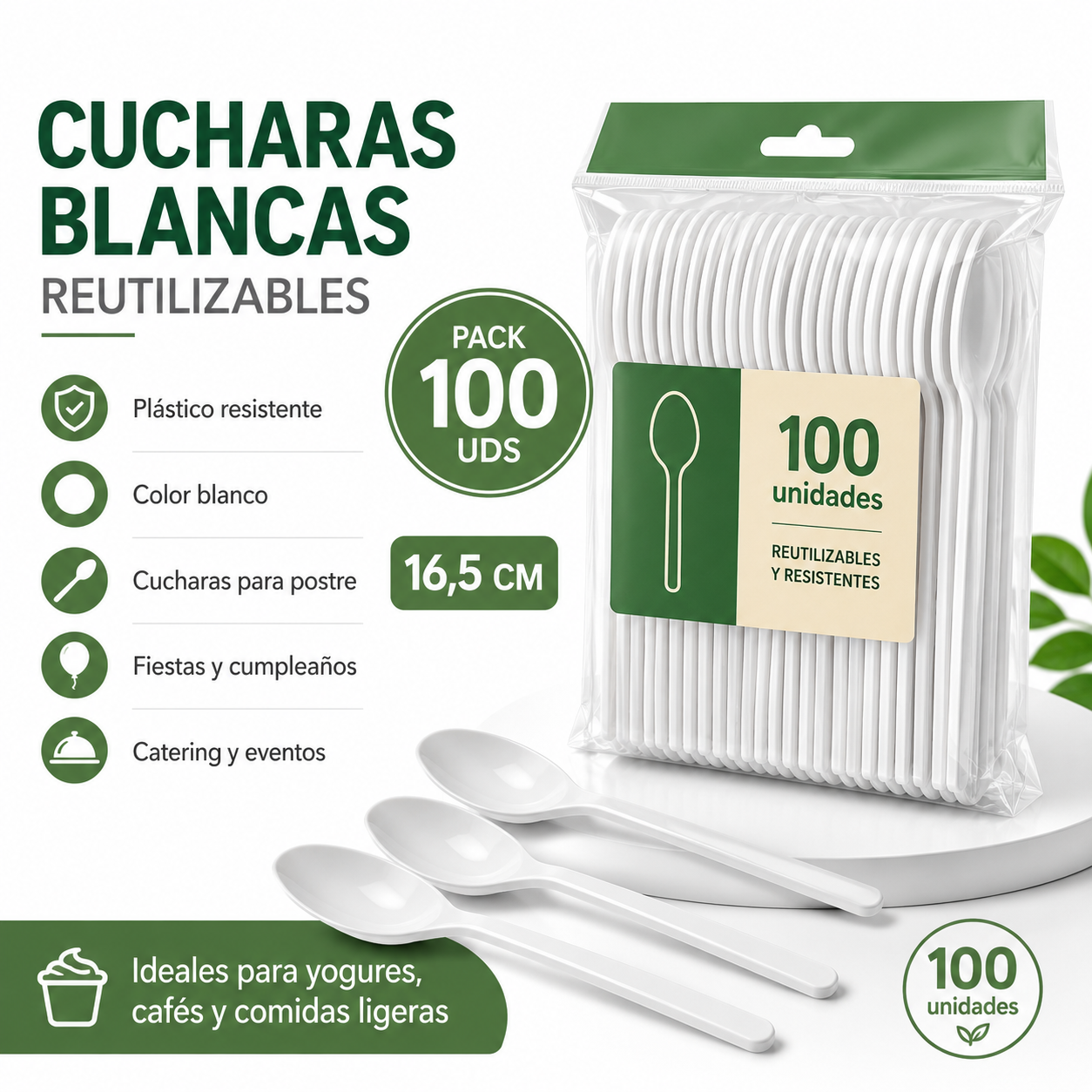 Pack 100 Cucharas de Plástico Reutilizables Blancas 16,5 cm | Para Fiestas, Catering y Eventos