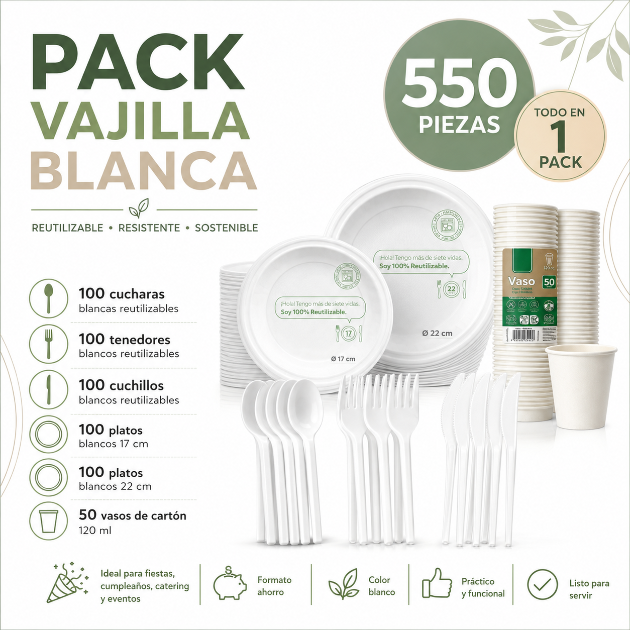 Pack Vajilla Reutilizable Blanca 550 Piezas | 100 Cucharas, 100 Tenedores, 100 Cuchillos, 100 Platos 17 cm, 100 Platos 22 cm y 50 Vasos 120 ml
