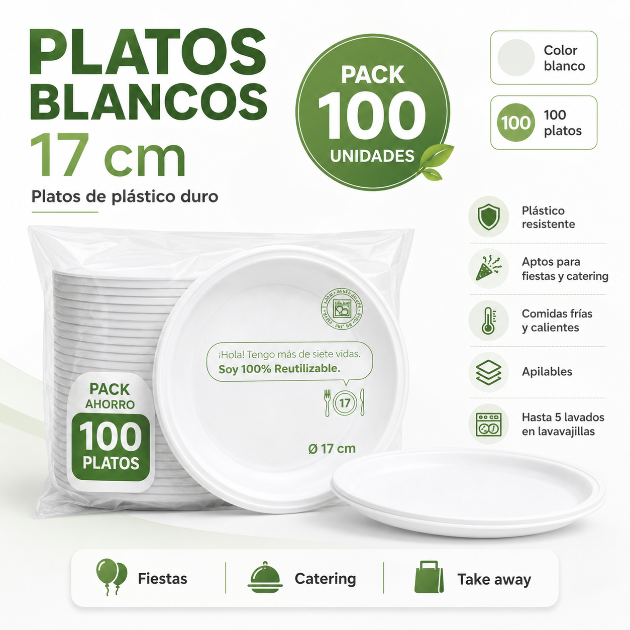 Pack 100 Platos Plástico Reutilizables Blancos 17 cm | Platos Duros para Fiestas, Catering y Take Away