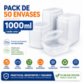 Pack 50 Envases Rectangulares Reutilizables 1000 ml con Tapa Bisagra | Aptos Microondas y Congelador