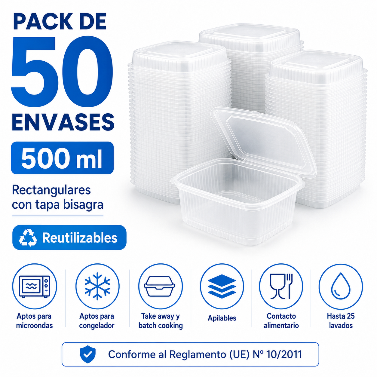 Pack 50 Envases Rectangulares Reutilizables 500 ml con Tapa Bisagra | Aptos Microondas y Congelador