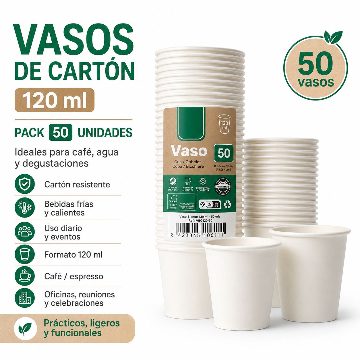 Pack 50 Vasos de Cartón 120 ml Blancos | Vasos para Café, Agua y Degustaciones