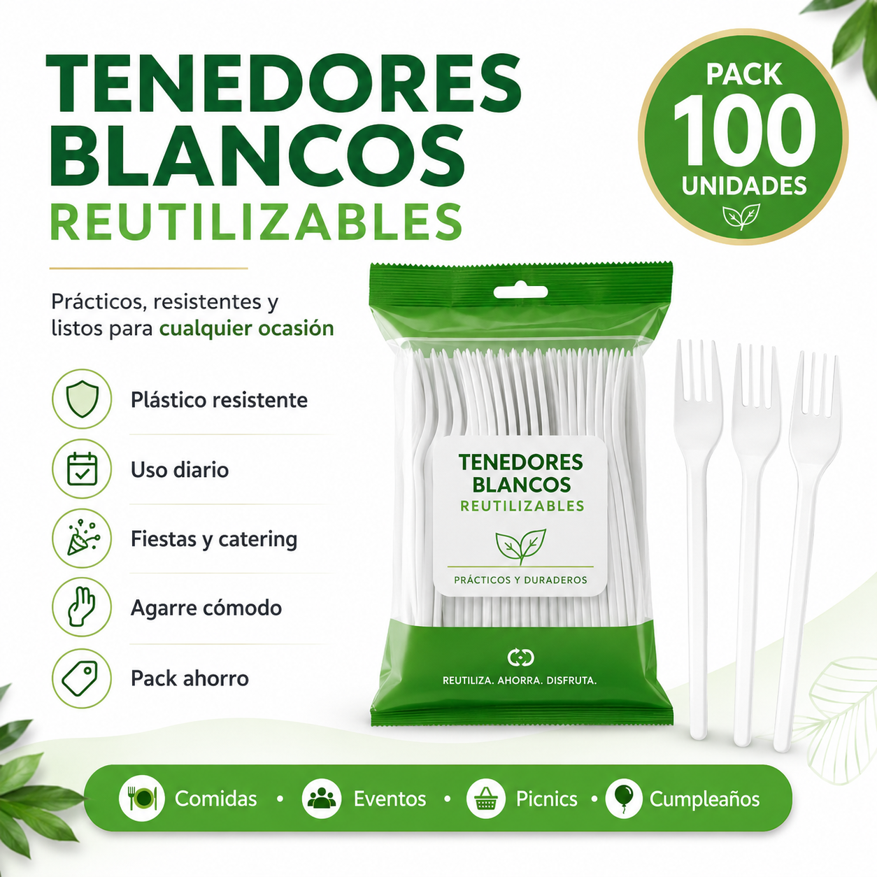 Pack 100 Tenedores Blancos Reutilizables 16,5 cm | Cubiertos de Plástico Resistentes para Fiestas, Catering y Uso Diario