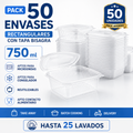 Pack 50 Envases Rectangulares Reutilizables 750 ml con Tapa Bisagra | Aptos Microondas y Congelador