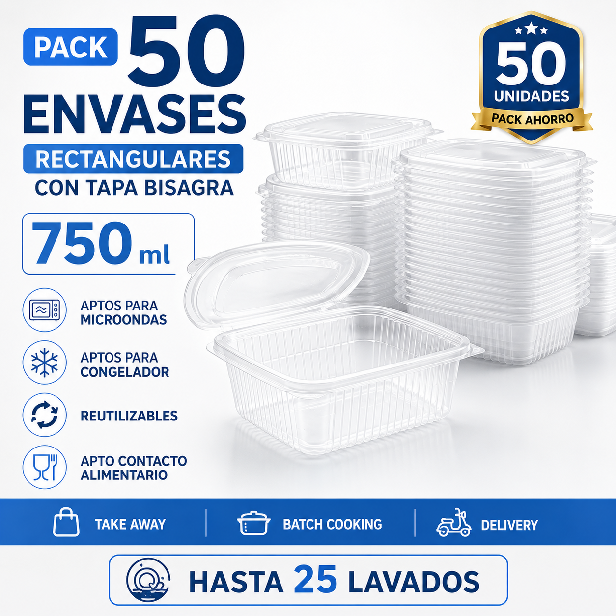 Pack 50 Envases Rectangulares Reutilizables 750 ml con Tapa Bisagra | Aptos Microondas y Congelador