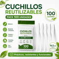 Pack 100 Cuchillos de Plástico Reutilizables Blancos 16,5 cm | Resistentes para Fiestas, Eventos y Catering