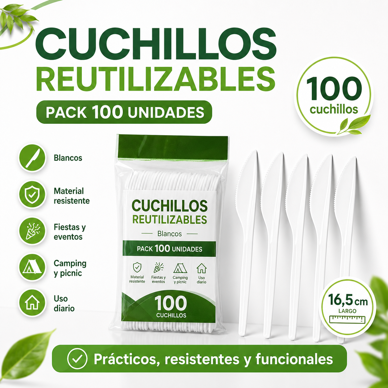 Pack 100 Cuchillos de Plástico Reutilizables Blancos 16,5 cm | Resistentes para Fiestas, Eventos y Catering