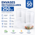 Pack 50 Envases Rectangulares Reutilizables 250 ml con Tapa Bisagra | Aptos Microondas y Congelador