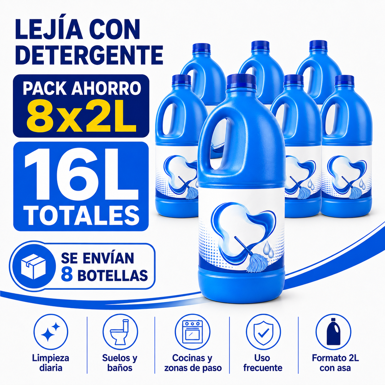Lejía con Detergente 2L Pack Ahorro 8 Botellas – 16L Totales