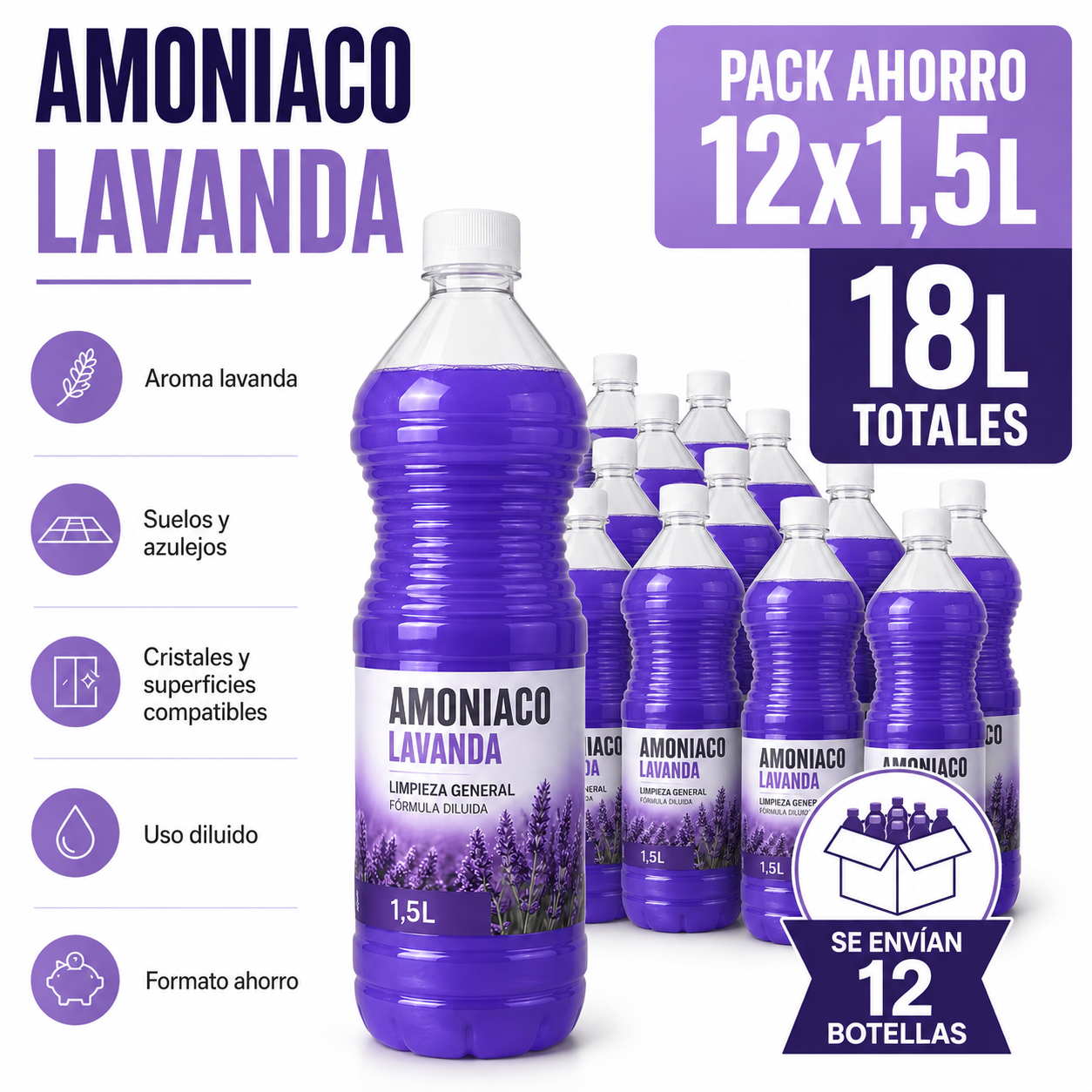 Amoniaco Lavanda 1,5L Pack Ahorro 12 Botellas – 18L Totales